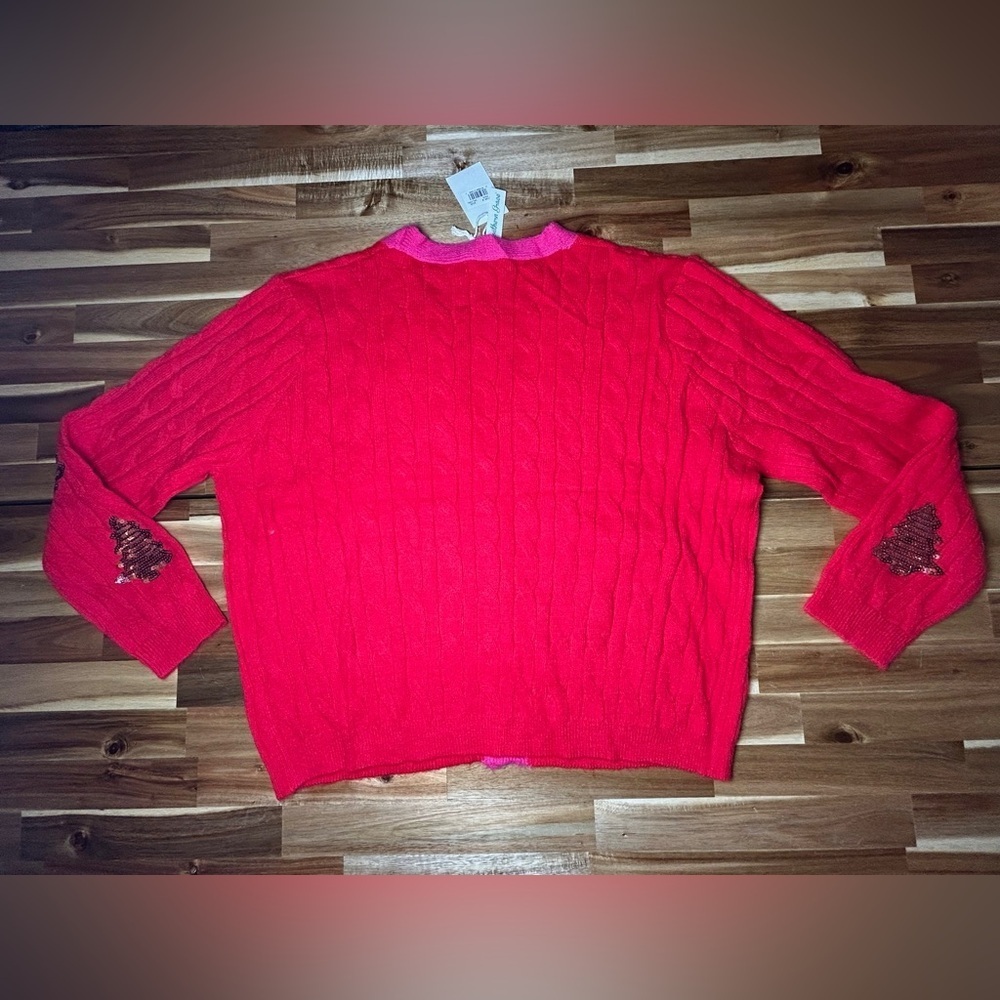 Southern Grace Bright Red Button Down Oversized Cardigan Pink Trim Sequin Trees - Picture 4 of 11